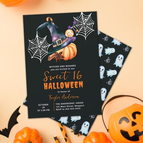 Halloween Pumpkin Witch Hat Ghosts Cute Sweet 16 Invitation