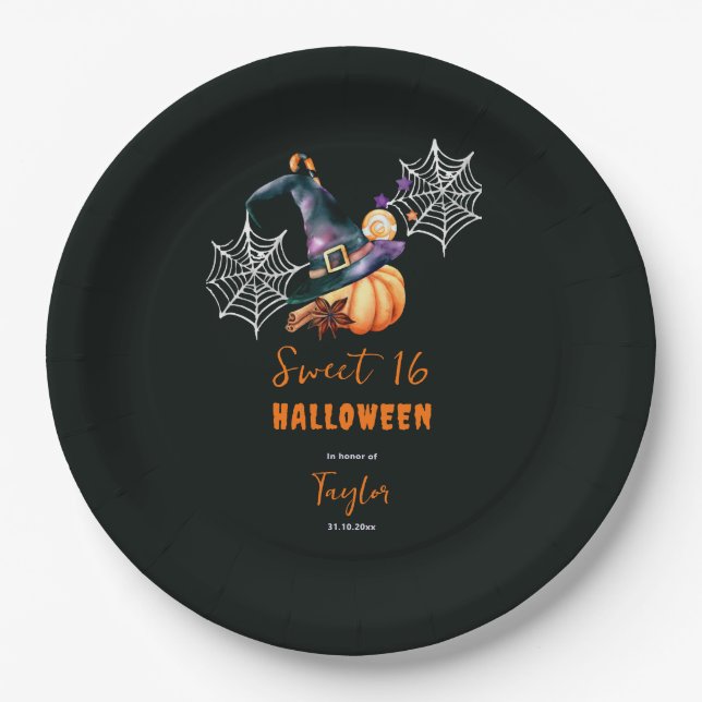 Halloween Pumpkin Witch Hat Ghosts Cute Sweet 16 Paper Plates (Front)