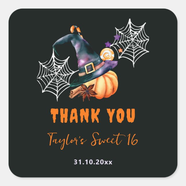 Halloween Pumpkin Witch Hat Ghosts Cute Sweet 16 Square Sticker (Front)