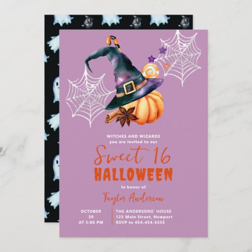 Halloween Pumpkin Witch Hat Ghosts Purple Sweet 16 Invitation