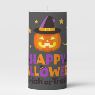 Halloween Pumpkin Witch Hat Orange Black Pillar Candle