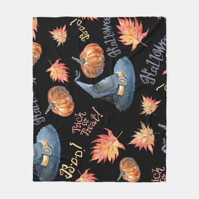 Halloween Pumpkin Witch Hat Pattern Fleece Blanket (Front)