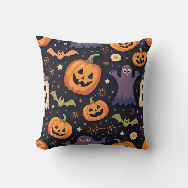 Halloween Pumpkin Witch Hat Pattern Pillow Cushion (Front)