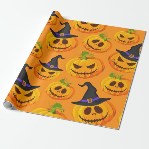 Halloween Pumpkin Witch Hat Pattern Wrapping Paper