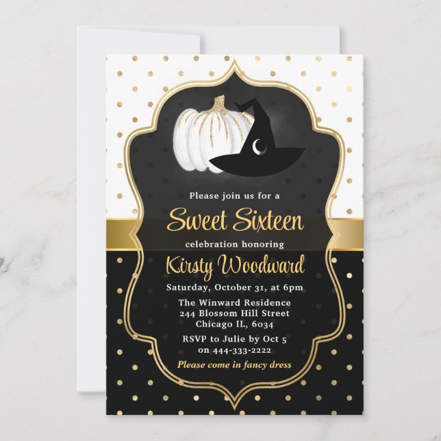 Halloween Pumpkin & Witch Hat Sweet Sixteen Invitation (Front)