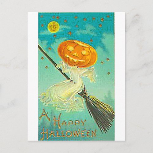 Halloween Pumpkin Witch Vintage Postcard