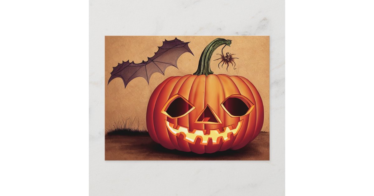 Halloween pumpkin with bat and spider. postcard | Zazzle