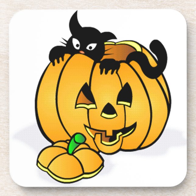 Halloween Pumpkin with Black Cat Coaster (Front)