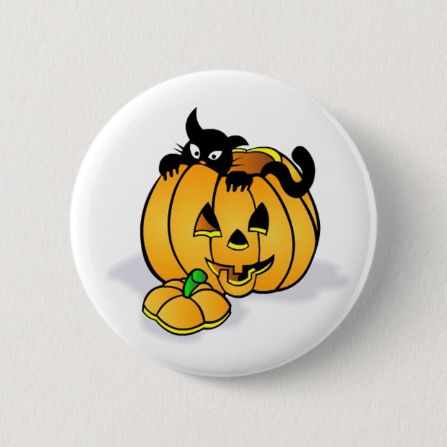 Halloween Pumpkin with Black Cat Pinback Button (Front)