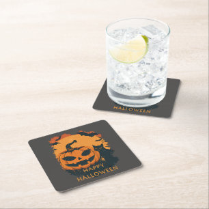 Halloween pumpkin with companions square paper coaster