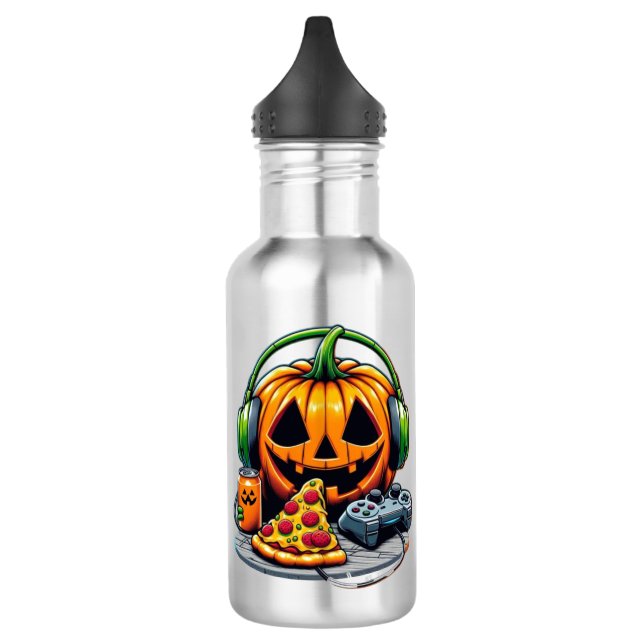 Halloween Pumpkin with Headphones and Games? Stainless Steel Water Bottle (Left)