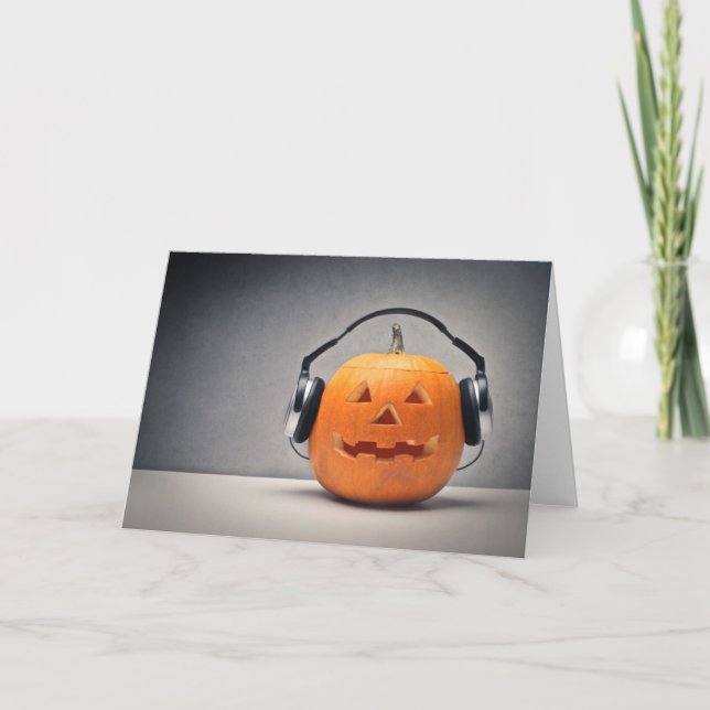Halloween Pumpkin With Headphones For Music Card (Front)