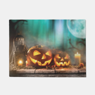 Halloween pumpkins and bats   doormat