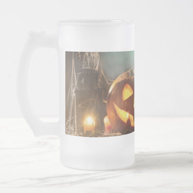 Halloween pumpkins and bats   frosted glass beer mug (Left)