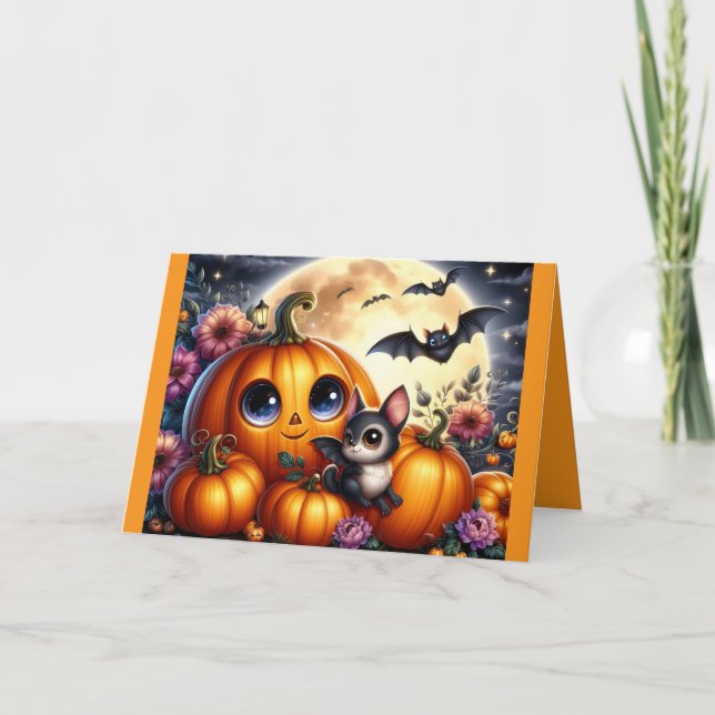 Halloween Pumpkins And Bats Greeting Card (Front)