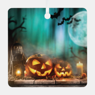 Halloween pumpkins and bats metal ornament