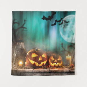 Halloween pumpkins and bats tapestry