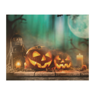 Halloween pumpkins and bats  wood wall art
