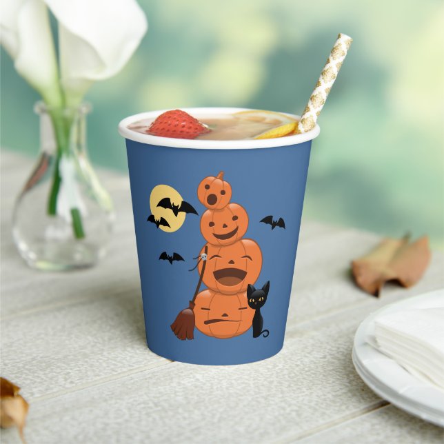 Halloween Pumpkins and Black Cat Blue Paper Cups (Insitu)