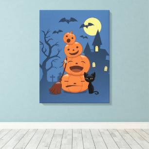 Halloween Pumpkins and Black Cat Canvas Print