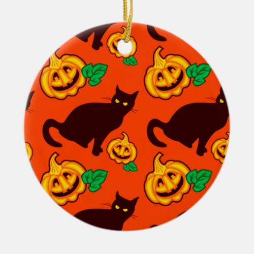 Halloween pumpkins and black cat ceramic ornament