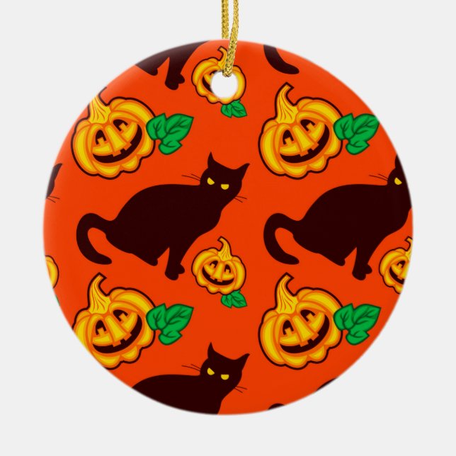 Halloween pumpkins and black cat ceramic ornament (Front)