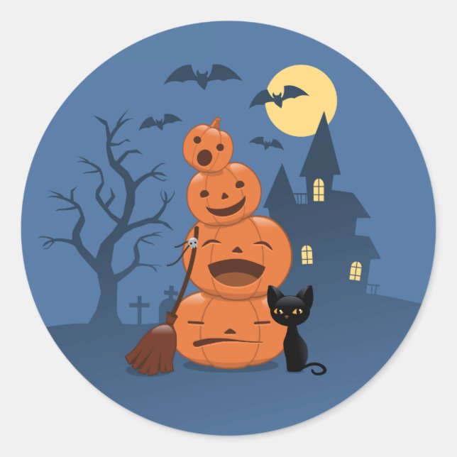 Halloween Pumpkins and Black Cat Classic Round Sticker (Front)