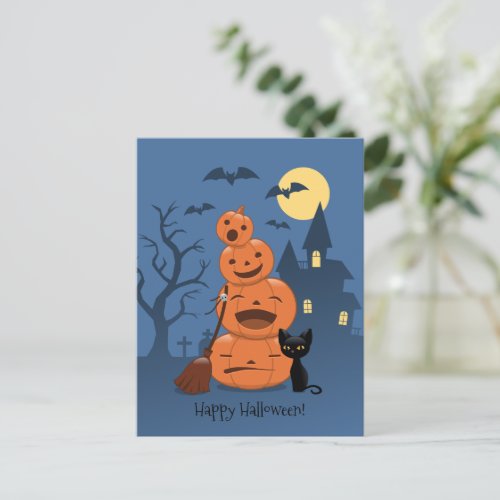 Halloween Pumpkins and Black Cat Postcard