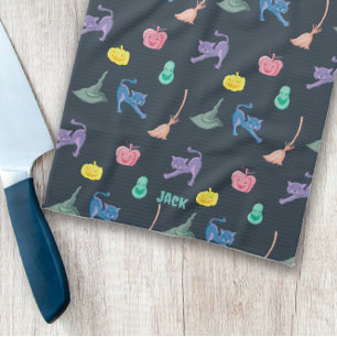 Halloween pumpkins and cats, customisable kitchen towel