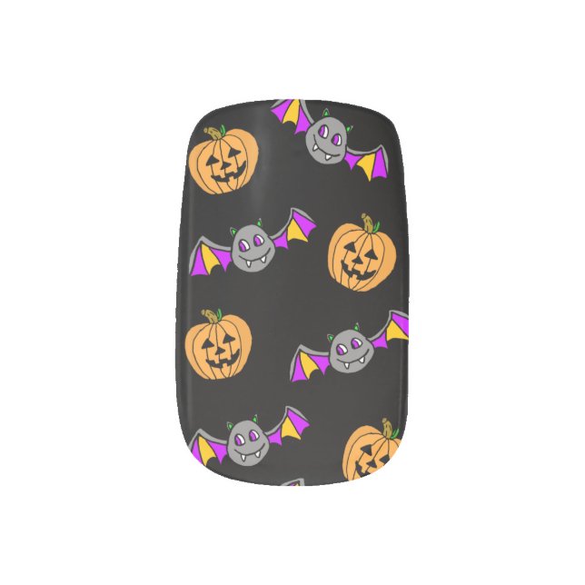 Halloween Pumpkins and Cute Bats Minx Nail Art (Left Thumb)