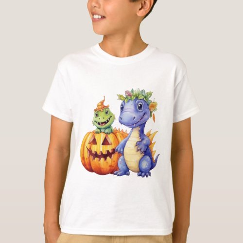 Halloween pumpkins and cute dinosaurs  T_Shirt