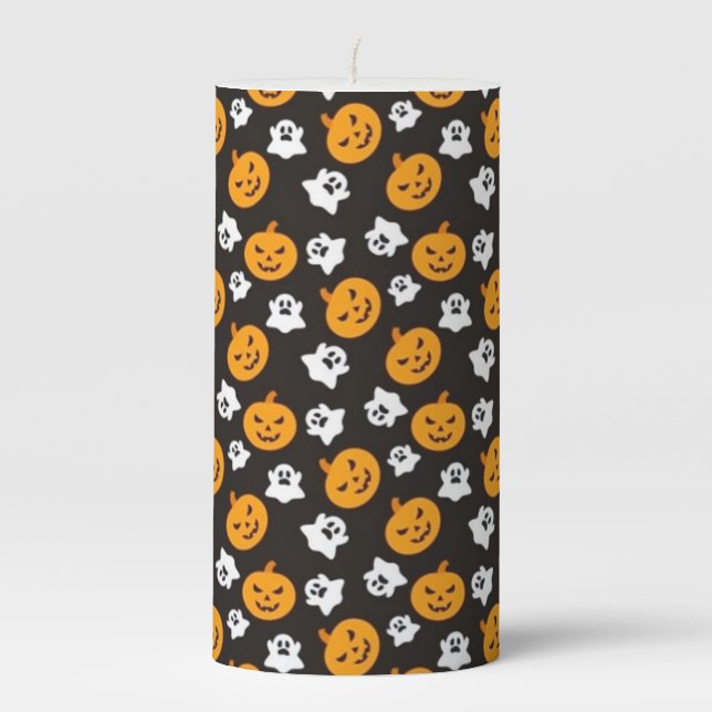 Halloween Pumpkins and Ghosts Cute  Pillar Candle (Front)