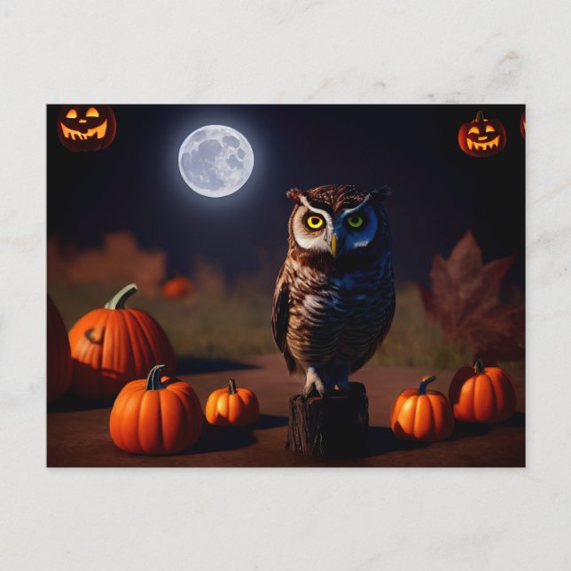 Halloween pumpkins and owl at night. Cruel. Postcard (Front)