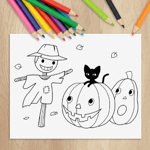 Halloween Pumpkins and Scarecrow Coloring Page Rubber Stamp