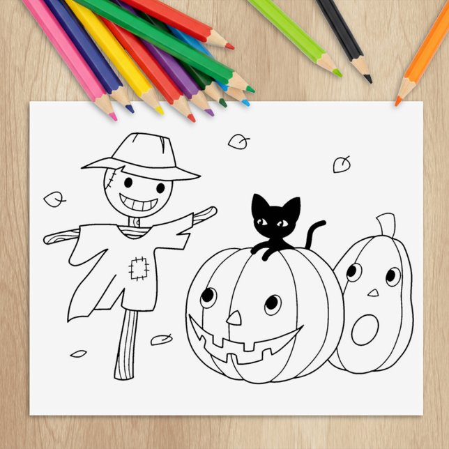 Halloween Pumpkins and Scarecrow Coloring Page Rubber Stamp (Creator Uploaded)