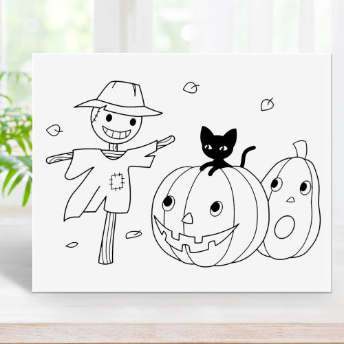 Halloween Pumpkins and Scarecrow Coloring Page Rubber Stamp