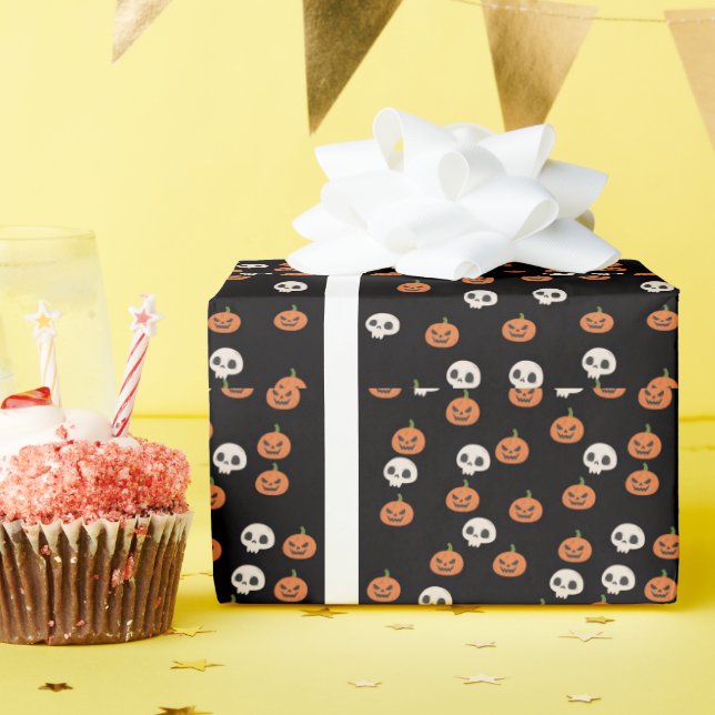 Halloween Pumpkins and Skulls Pattern Wrapping Paper (Birthday Party)