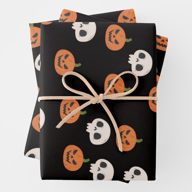 Halloween Pumpkins and Skulls Pattern Wrapping Paper Sheets (In situ)
