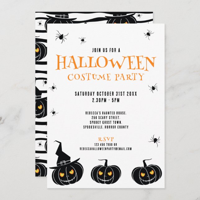 Halloween Pumpkins and Spiders Party Invitation (Front/Back)