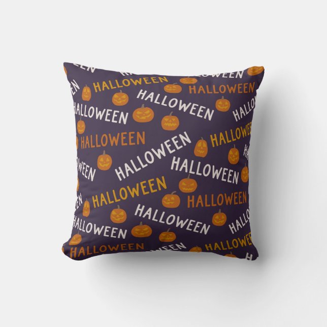 Halloween Pumpkins and Typography Pattern Throw Pillow (Front)