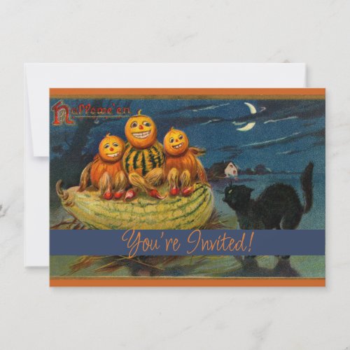 Halloween Pumpkins and Vintage Black Cat Invitation