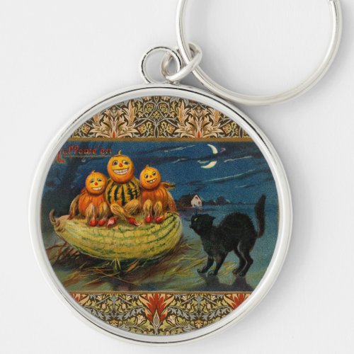 Halloween Pumpkins and Vintage Black Cat Keychain