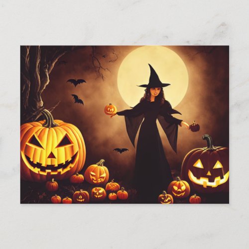 Halloween pumpkins and witch at full moon postcard