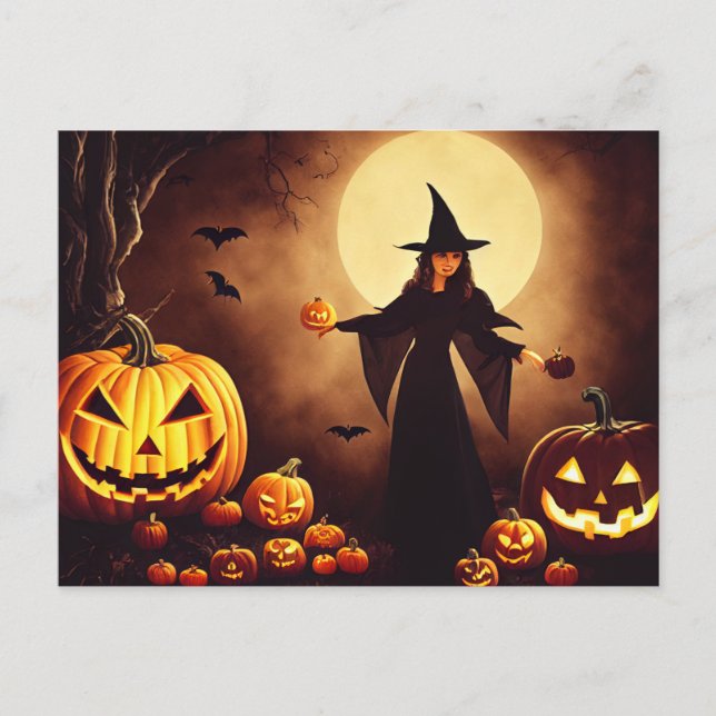 Halloween. pumpkins and witch at full moon. postcard (Front)