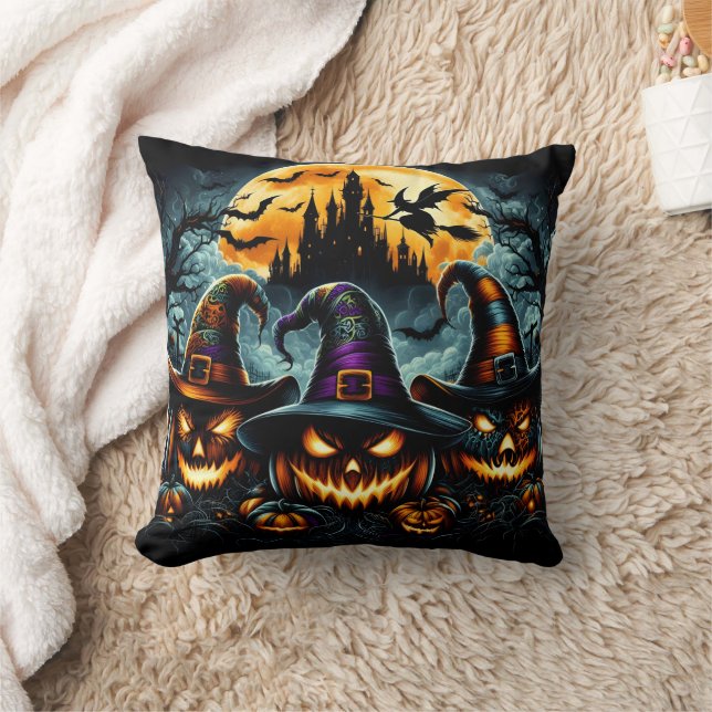 Halloween pumpkins and witches at dusk throw pillow (Blanket)