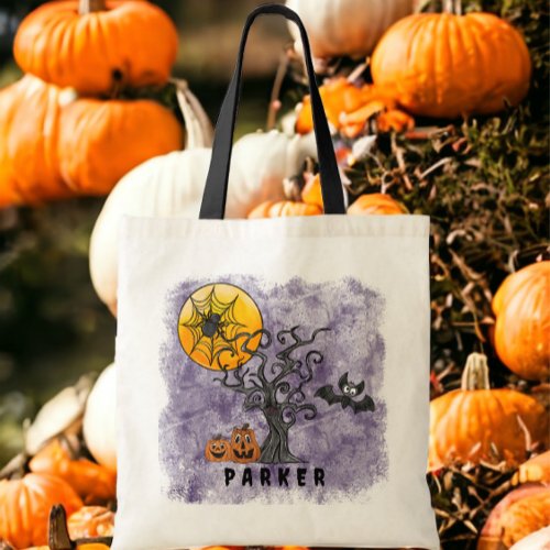 Halloween Pumpkins Bat Spooky Tree Name Purple Tote Bag
