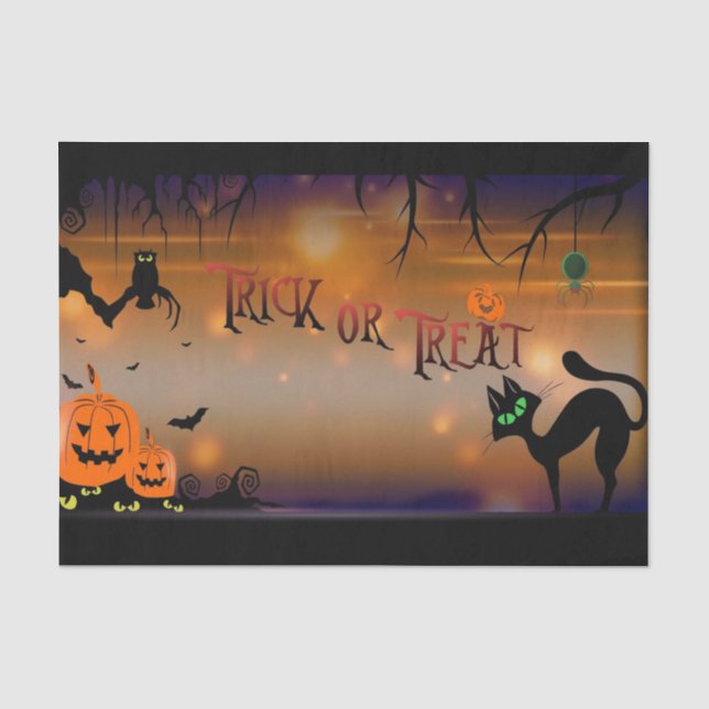 Halloween Pumpkins Bats Black Cat Huge Green Eyes Tissue Paper (Front)