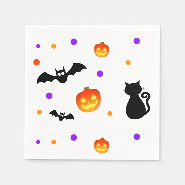 Halloween pumpkins, bats & cat on white napkins (Front)