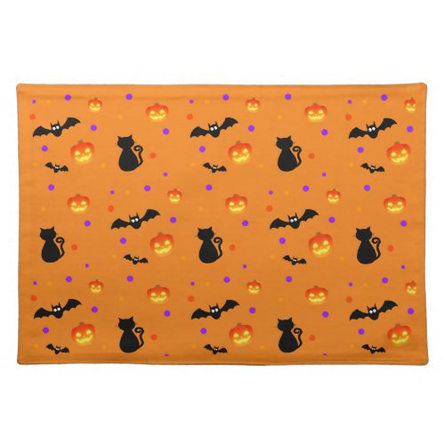 Halloween pumpkins bats  cats on orange cloth placemat