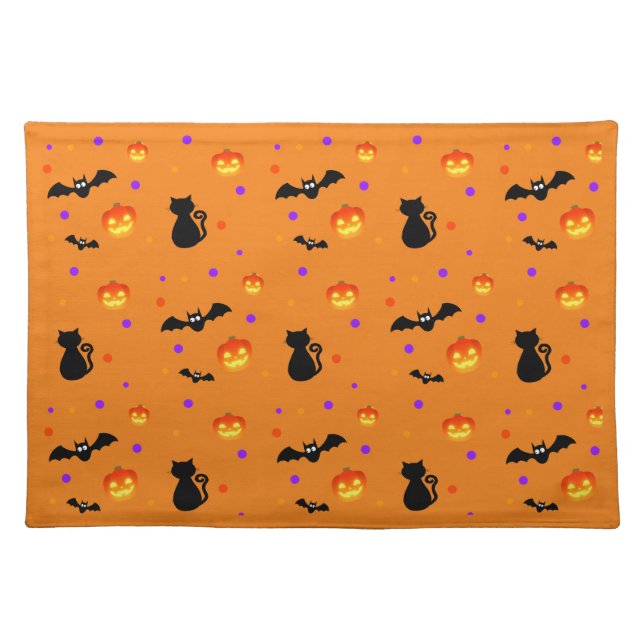 Halloween pumpkins, bats & cats on orange cloth placemat (Front)